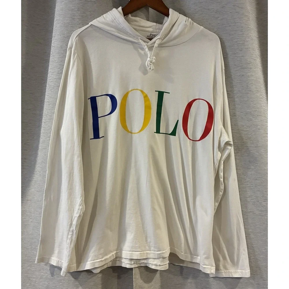 Polo Ralph Lauren Men's Multi Logo Graphic Jersey Hooded T-Shirt White XL‎